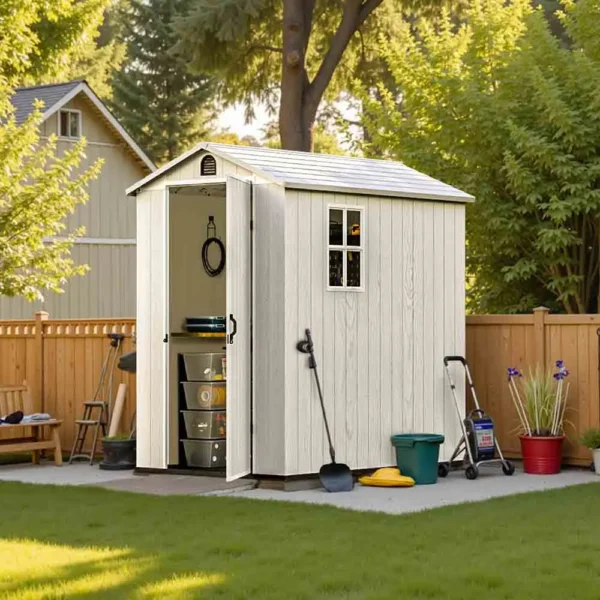 patiowell-fit-it-4x6-plastic-storage-shed-white-scene-1 Patiowell 4x6 Plastic Storage Shed for Bike, Light Gray