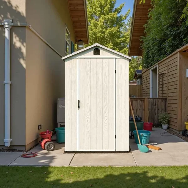 patiowell-fit-it-4x6-plastic-storage-shed-white-scene-3 Patiowell 4x6 Plastic Storage Shed for Bike, Light Gray